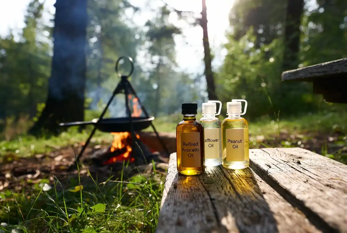 Bottles of refined avocado safflower and peanut oil near campfire