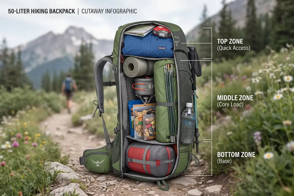 infographic listed correct weight distribution zones inside a hiking pack
