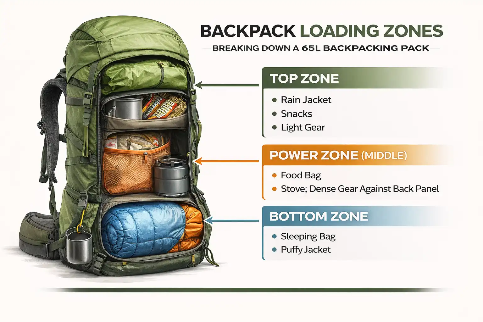 infographic about three vertical zones inside a camping backpack