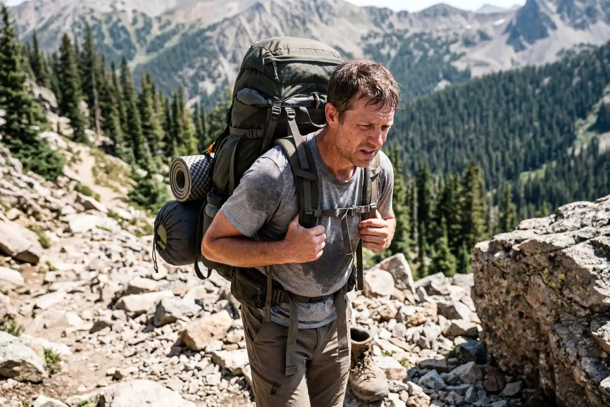 hiker wincing from shoulder strap pressure on a mountain trail