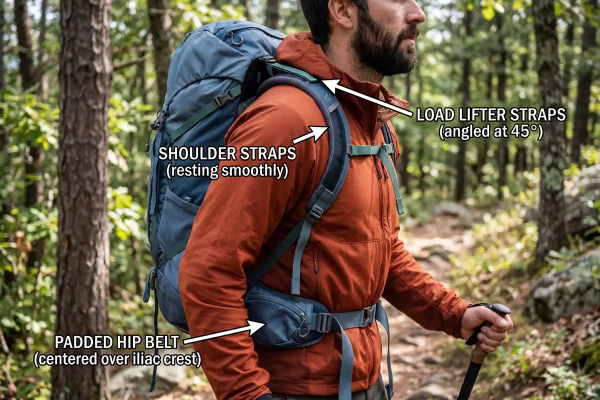 properly adjusted hip belt shoulder straps and load lifters on a hiking pack