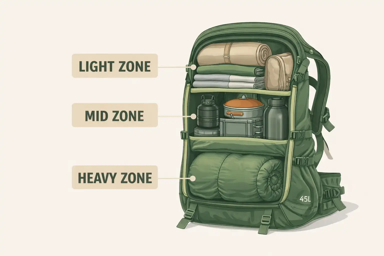 cross section diagram of a hiking backpack showing heavy gear at center and light items at top