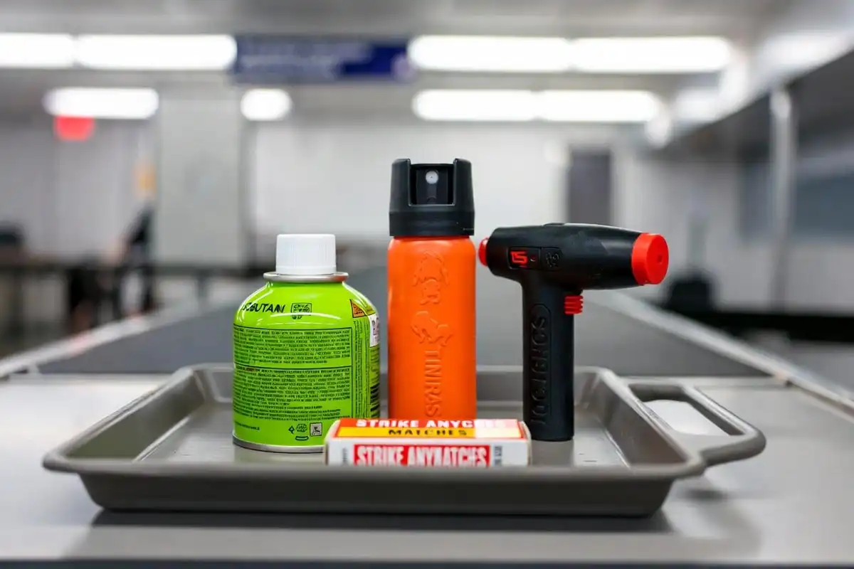 fuel canister bear spray and lighter on airport security tray