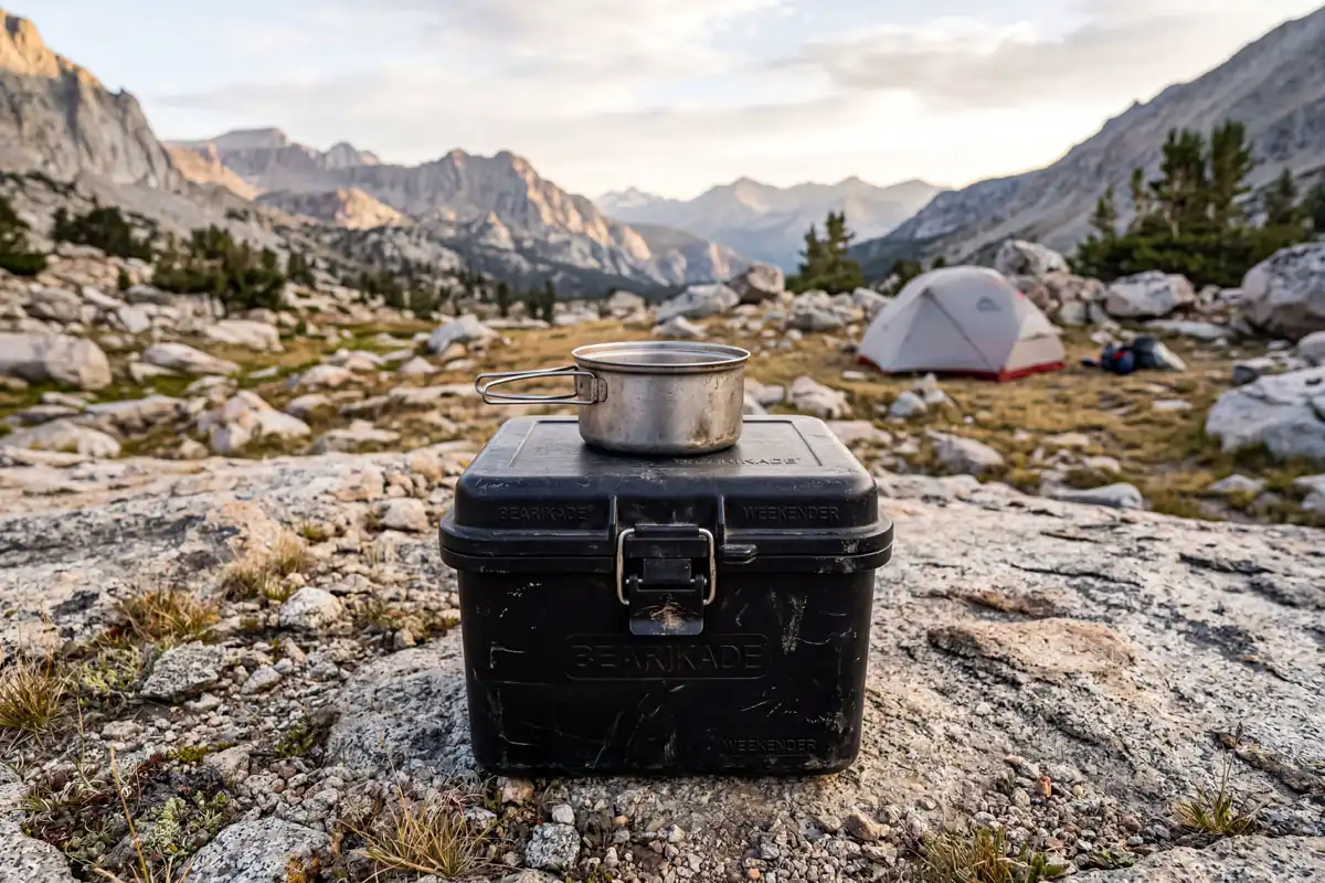 Bear canister with pot on top near a backcountry tent
