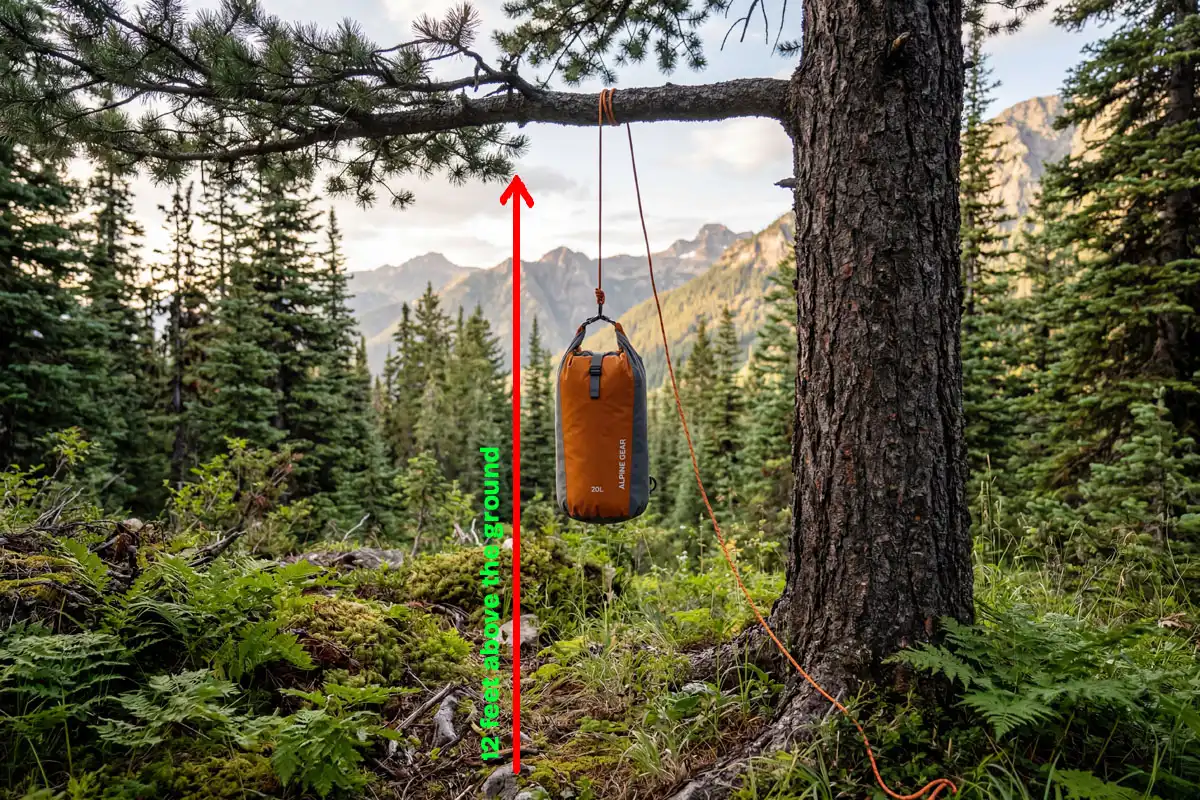 Waterproof food bag hanging from a tree branch in the backcountry