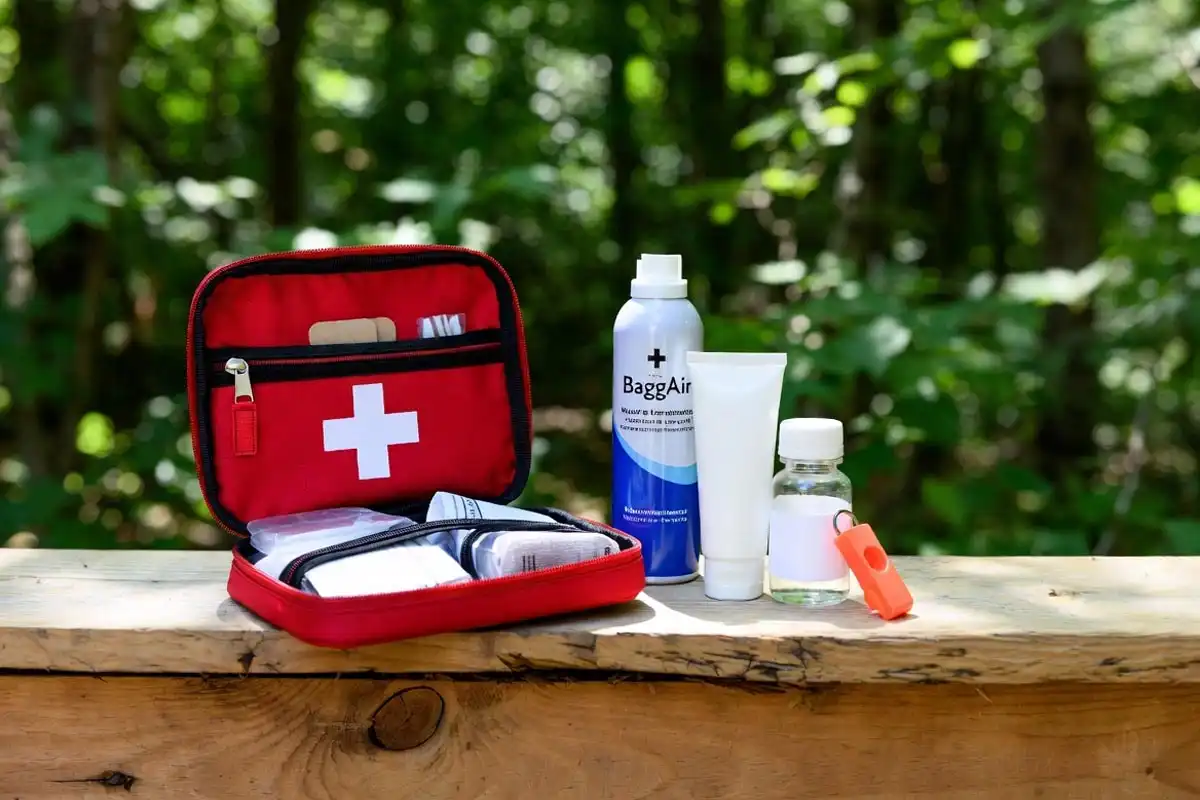 camping first aid kit bug spray and water purification tablets on a camp table