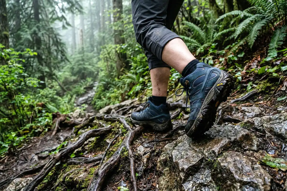 Hiker wearing mid-cut boots stepping over Rocky root-covered trail