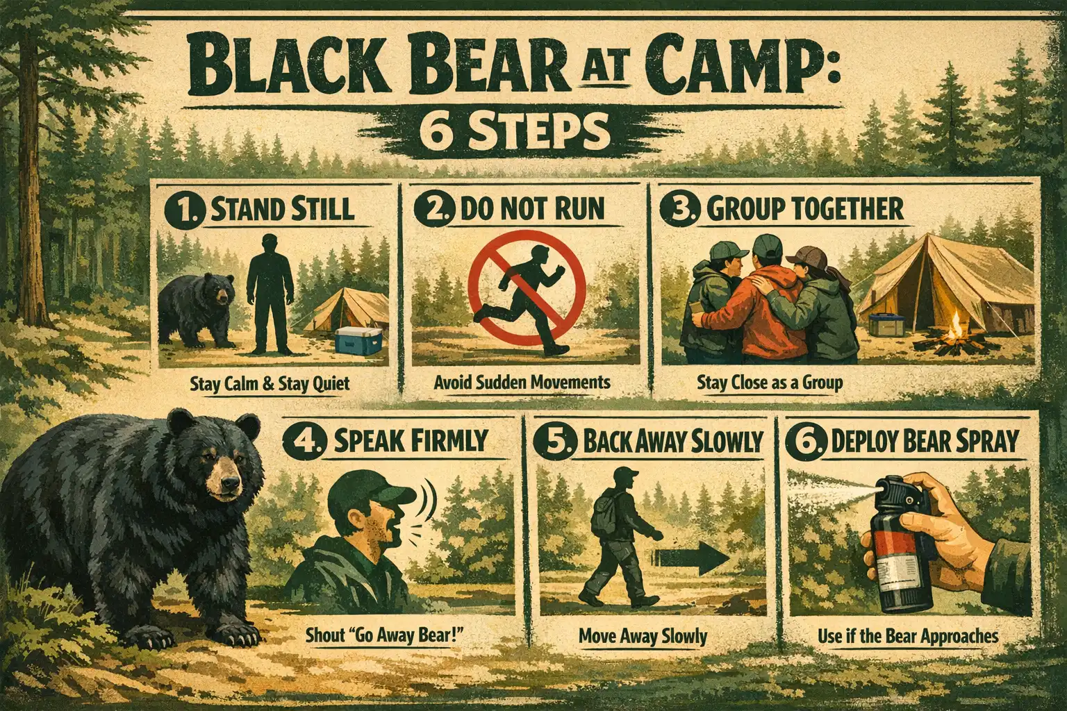 step by step infographic guide on responding to a black bear at camp
