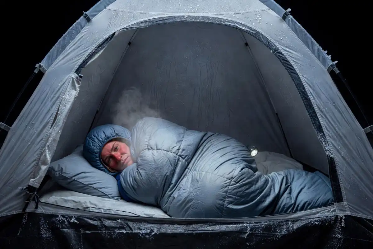 Person in sleeping bag losing body heat to cold tent floor
