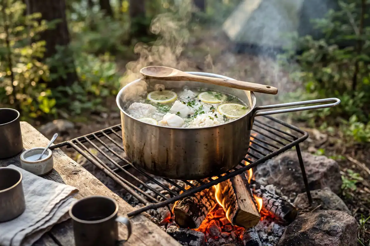 Stainless steel camp pot with fish chunks simmering in water over a small campfire