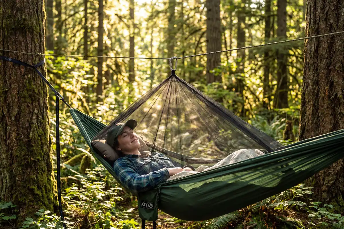 Carabiner clipping head net to hammock ridgeline for face clearance