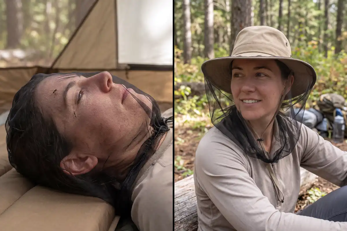 Mesh head net pressed against face compared to net lifted by hat brim