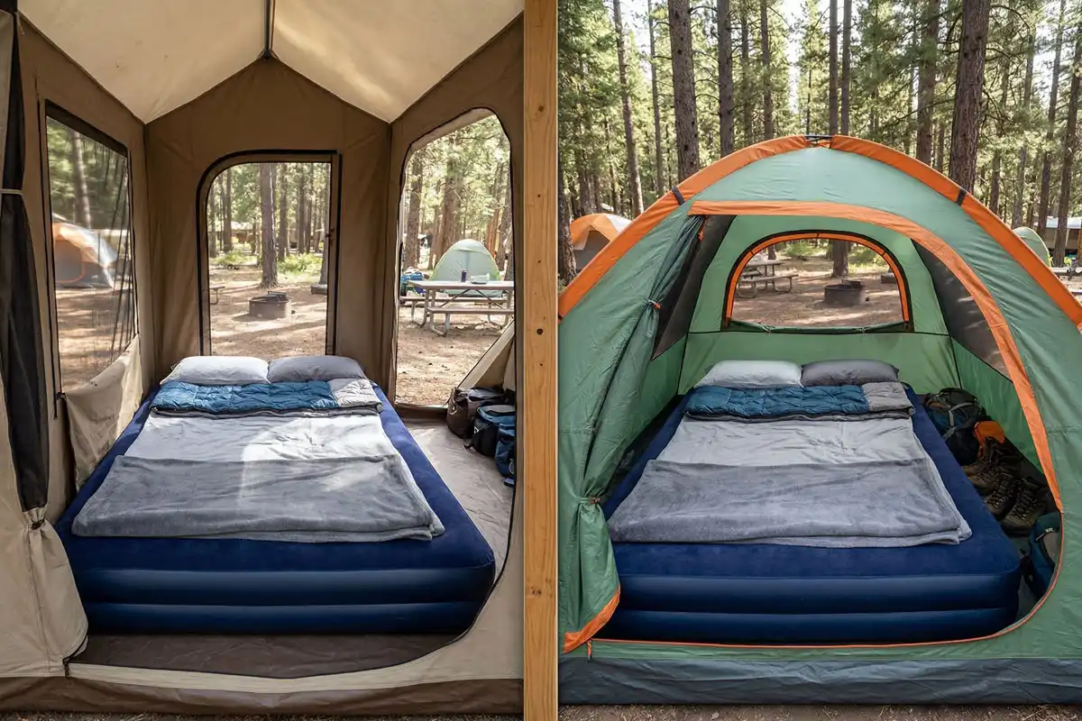 Side by side cabin tent and dome tent showing difference in usable floor space