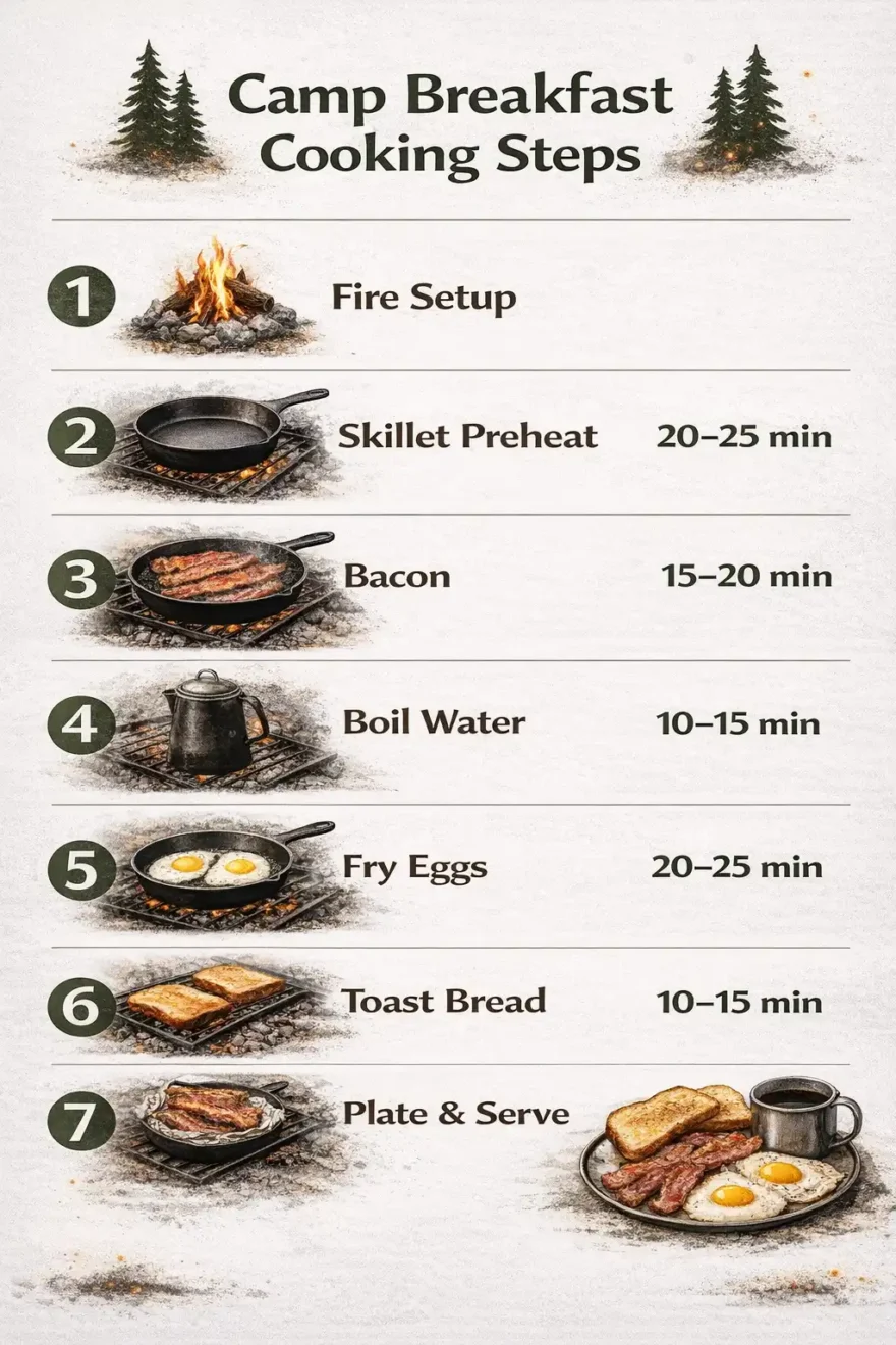 step by step infographic about how to cook a camping breakfast over a fire