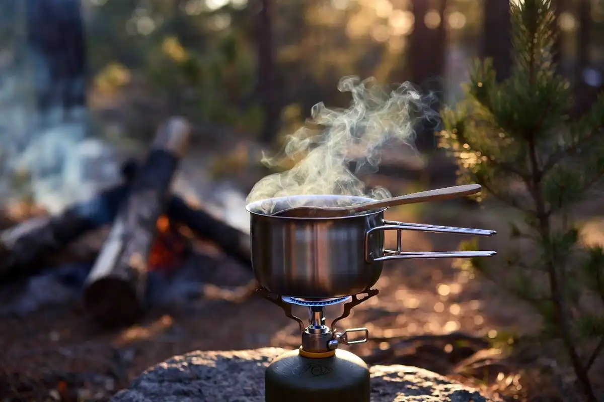 one-pot meal simmering on a camp stove near a forest campfire