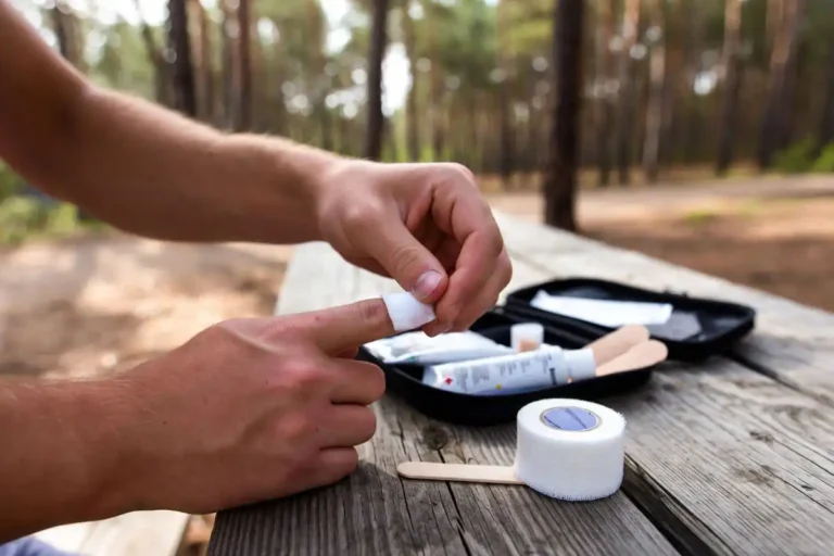 camper treating small cut and heel blister at campsite