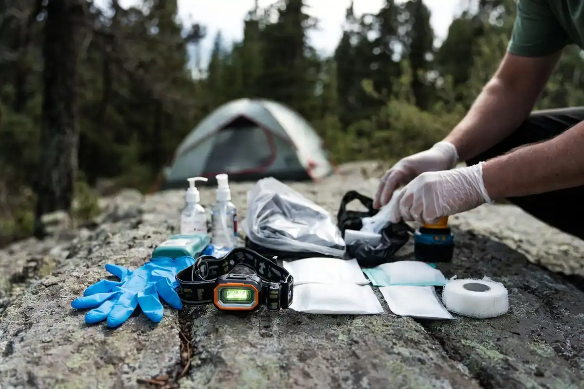 clean camp first aid station with gloves gauze and headlamp