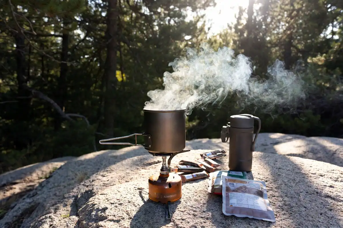 backpacking stove with dehydrated meals and water filter on granite rock at campsite