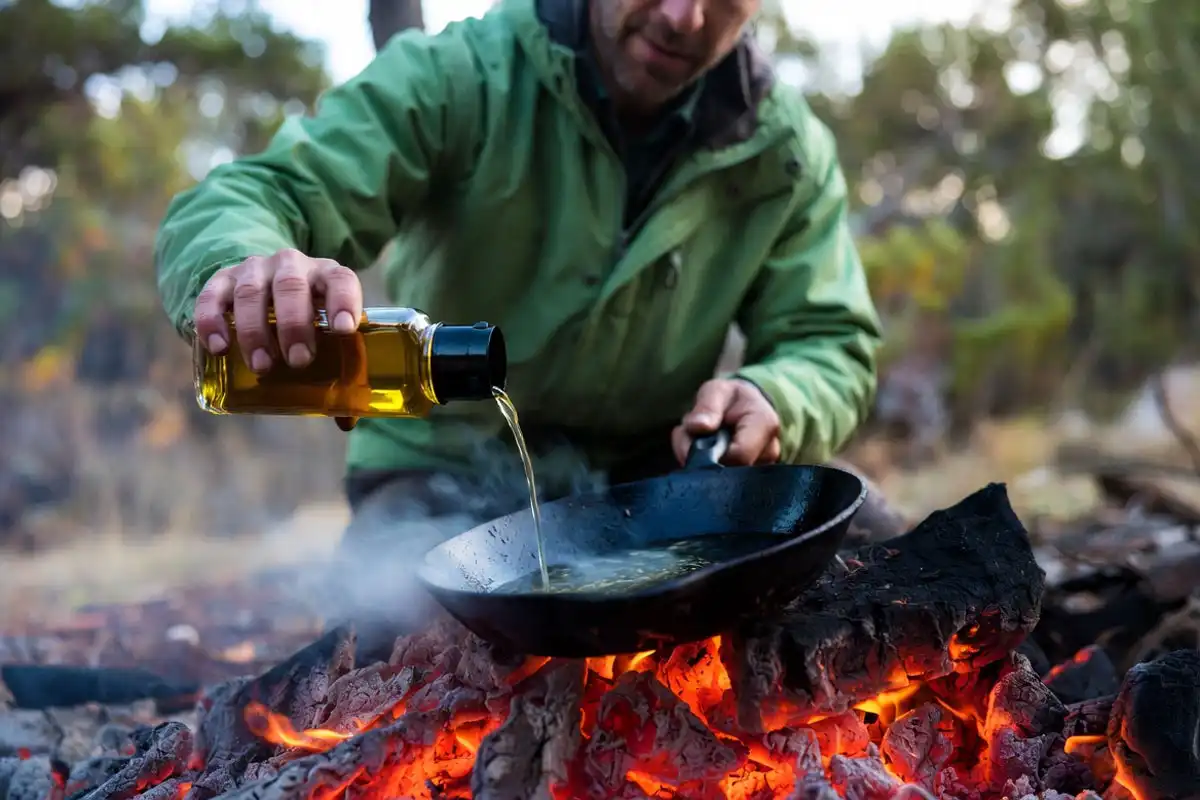 Camper pouring avocado oil into skillet on campfire coals