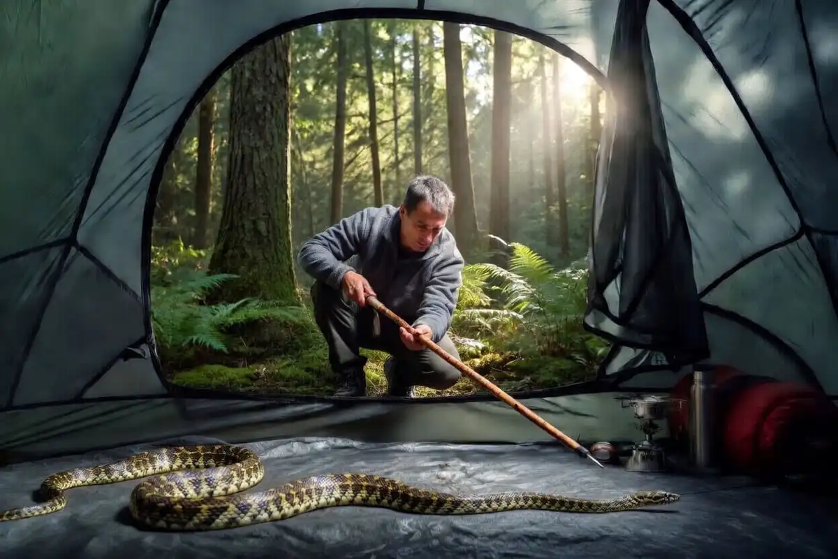 man using a trekking pole to direct a snake toward an open tent door