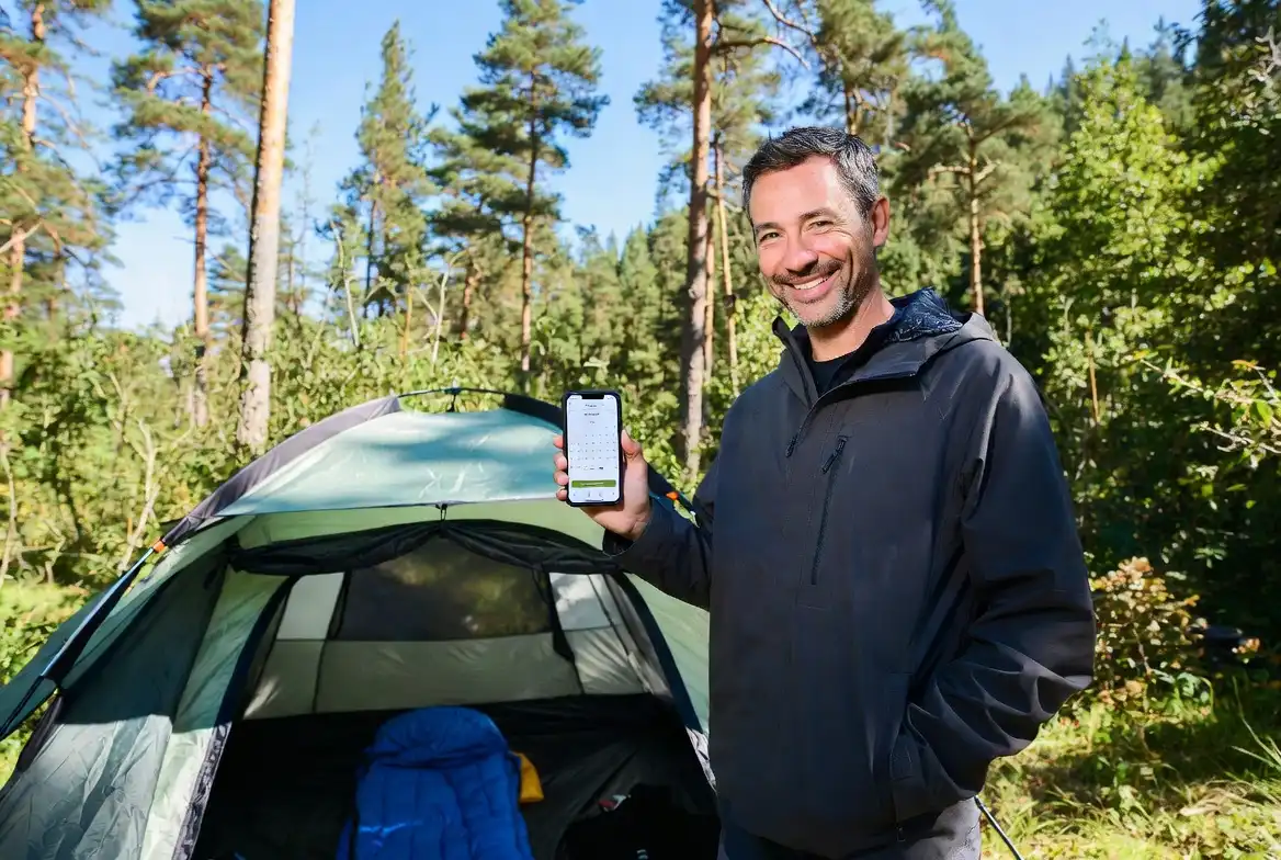 hiker rescheduling campsite booking dates on smartphone near tent in forest