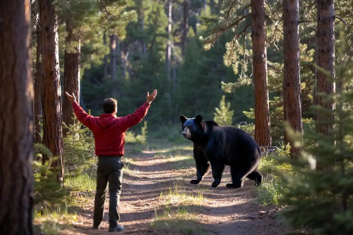 man standing with raised arms facing a black bear in the forest
