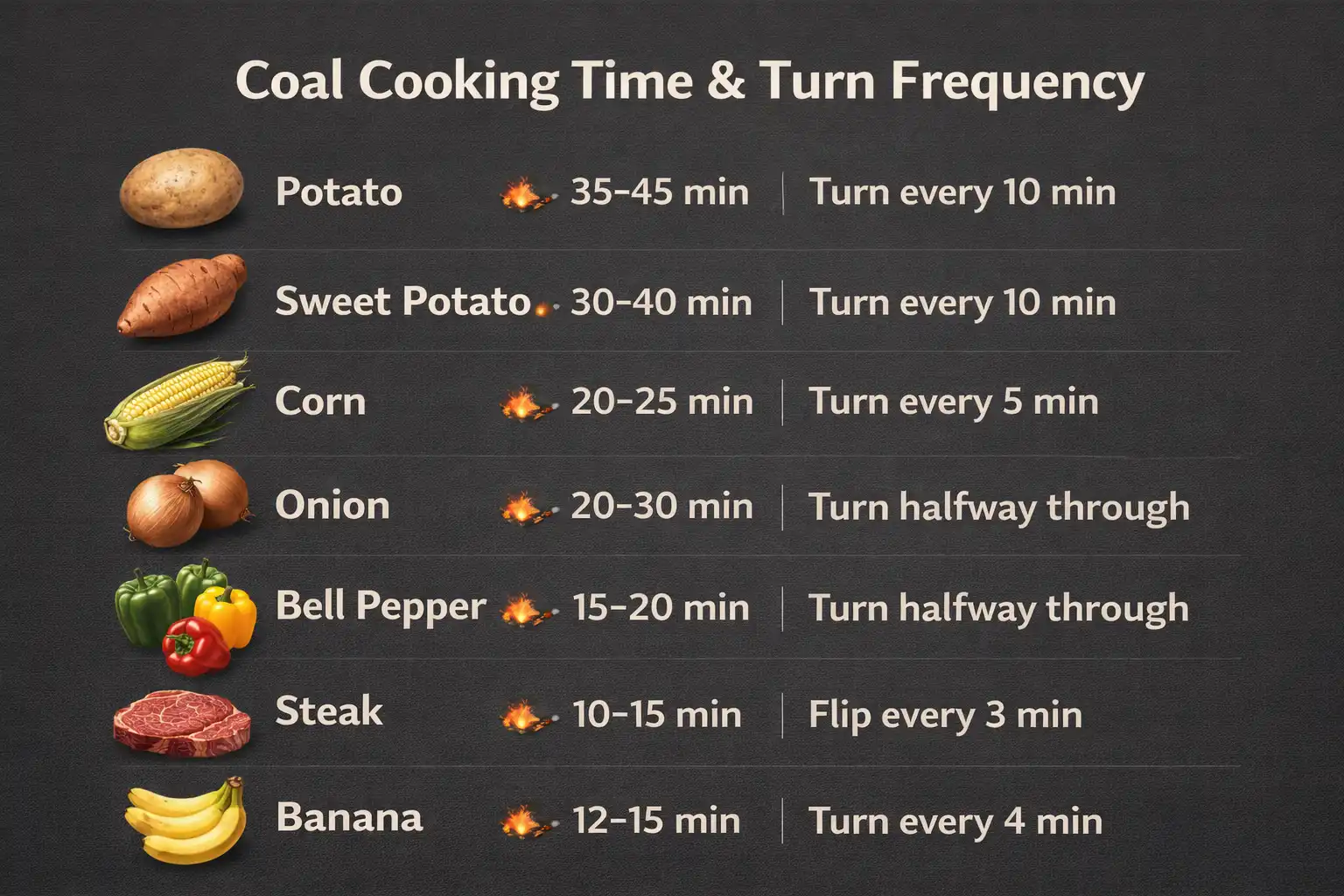 cook times for different foods on campfire coals