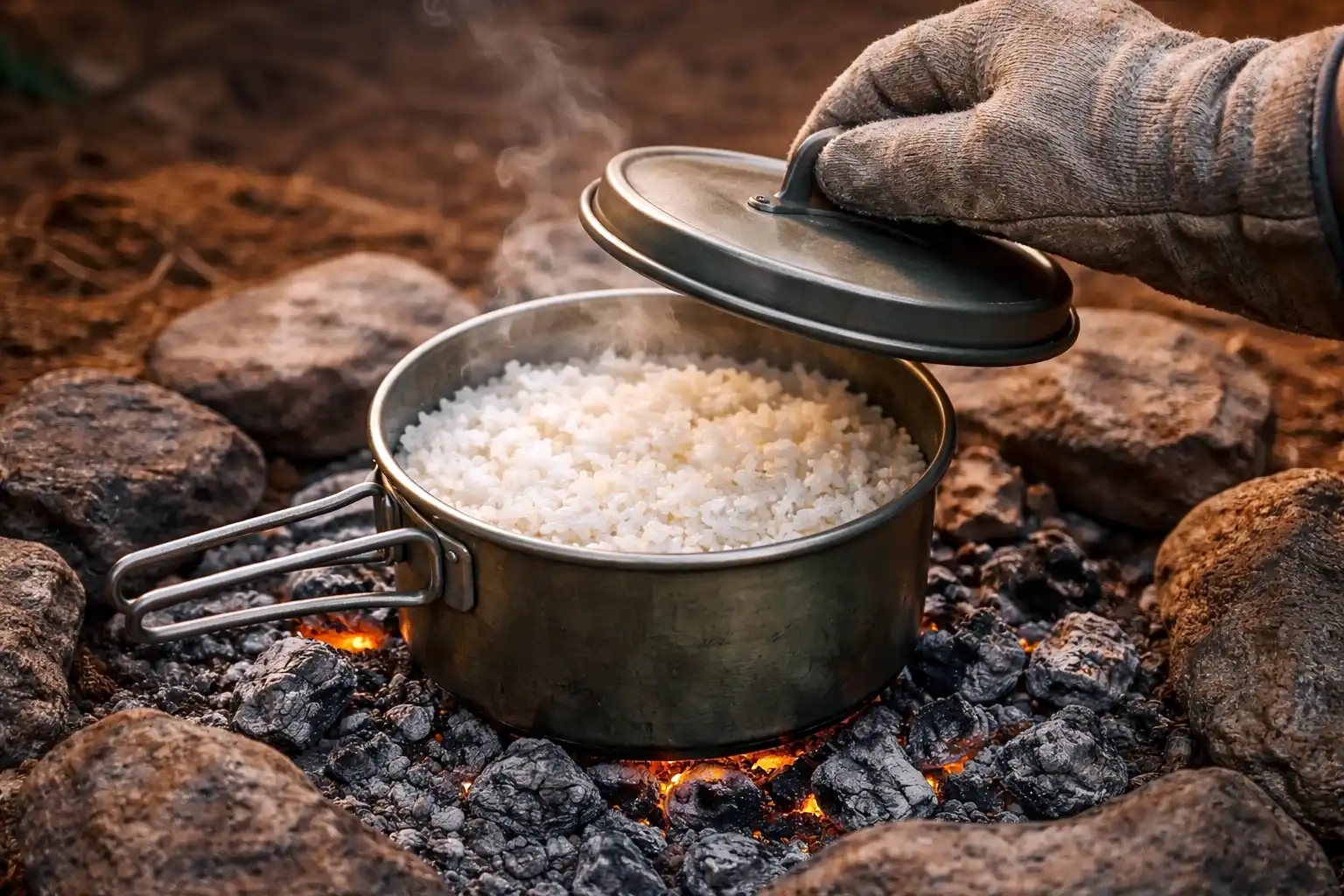 camp cook lifting lid to reveal fluffy cooked rice over fire