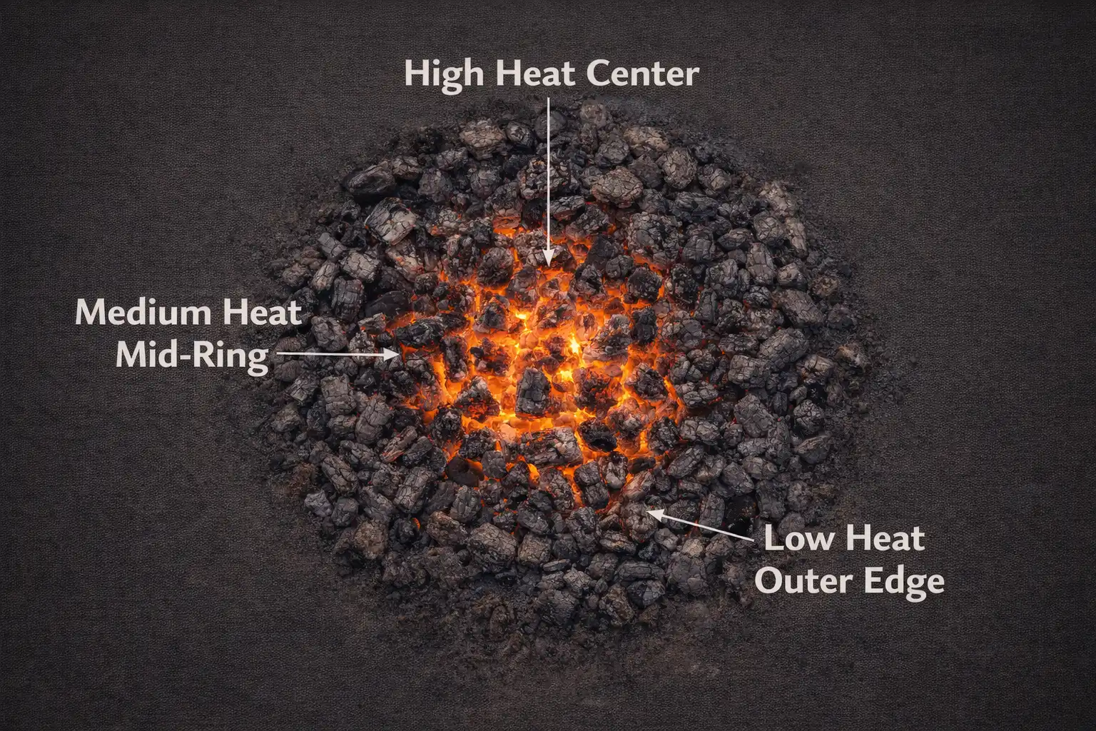 labeled diagram showing high medium and low heat zones of a campfire coal bed