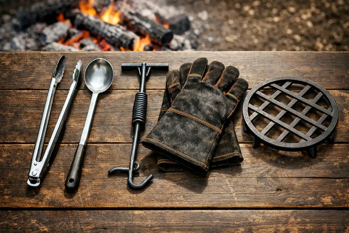 Long handled tongs spoon lid lifter and grill gloves next to a campfire
