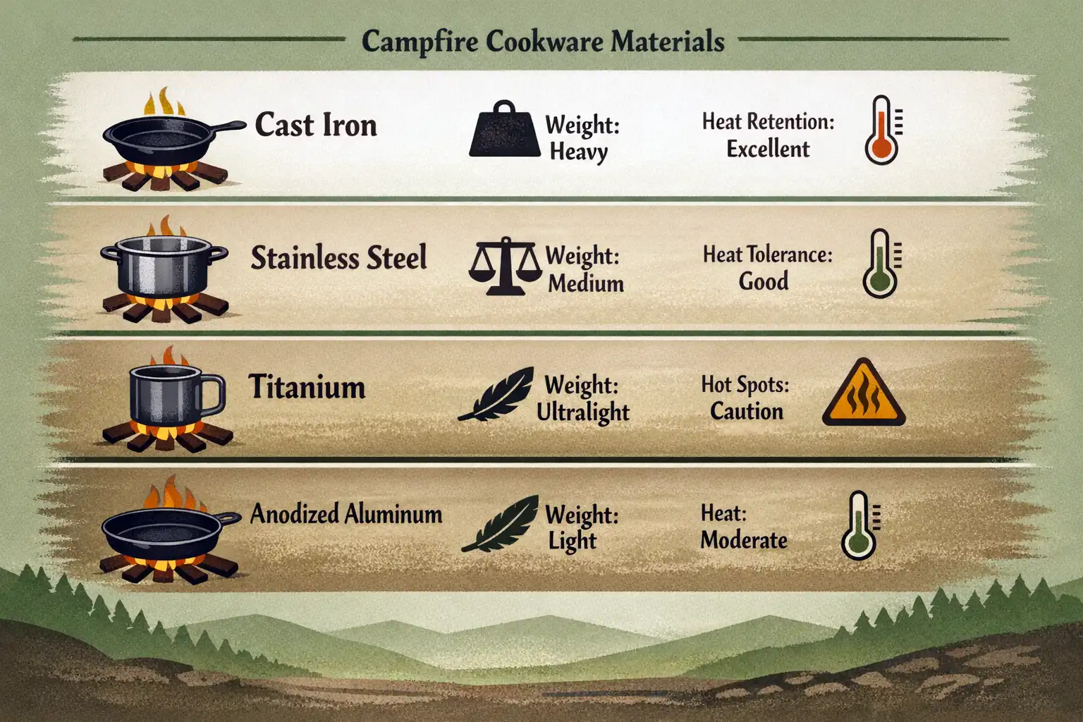 Infographic comparing cast iron stainless steel titanium and aluminum cookware for campfire cooking