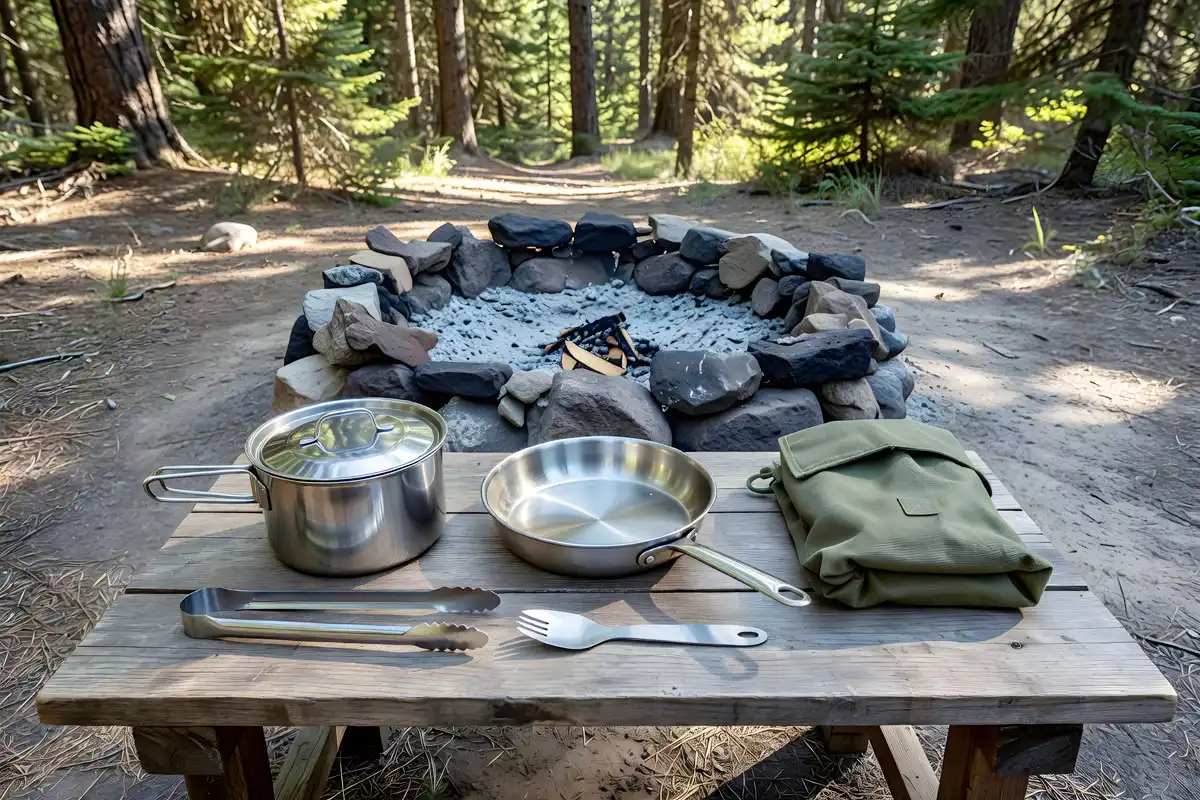 Stainless steel pots pans and utensils arranged on a wooden camp table near a fire ring
