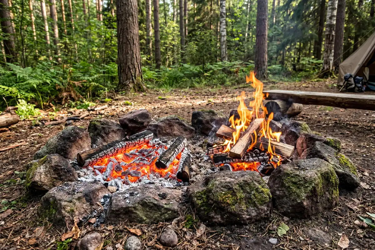 Campfire ring with hot coals on one side and burning logs on the other