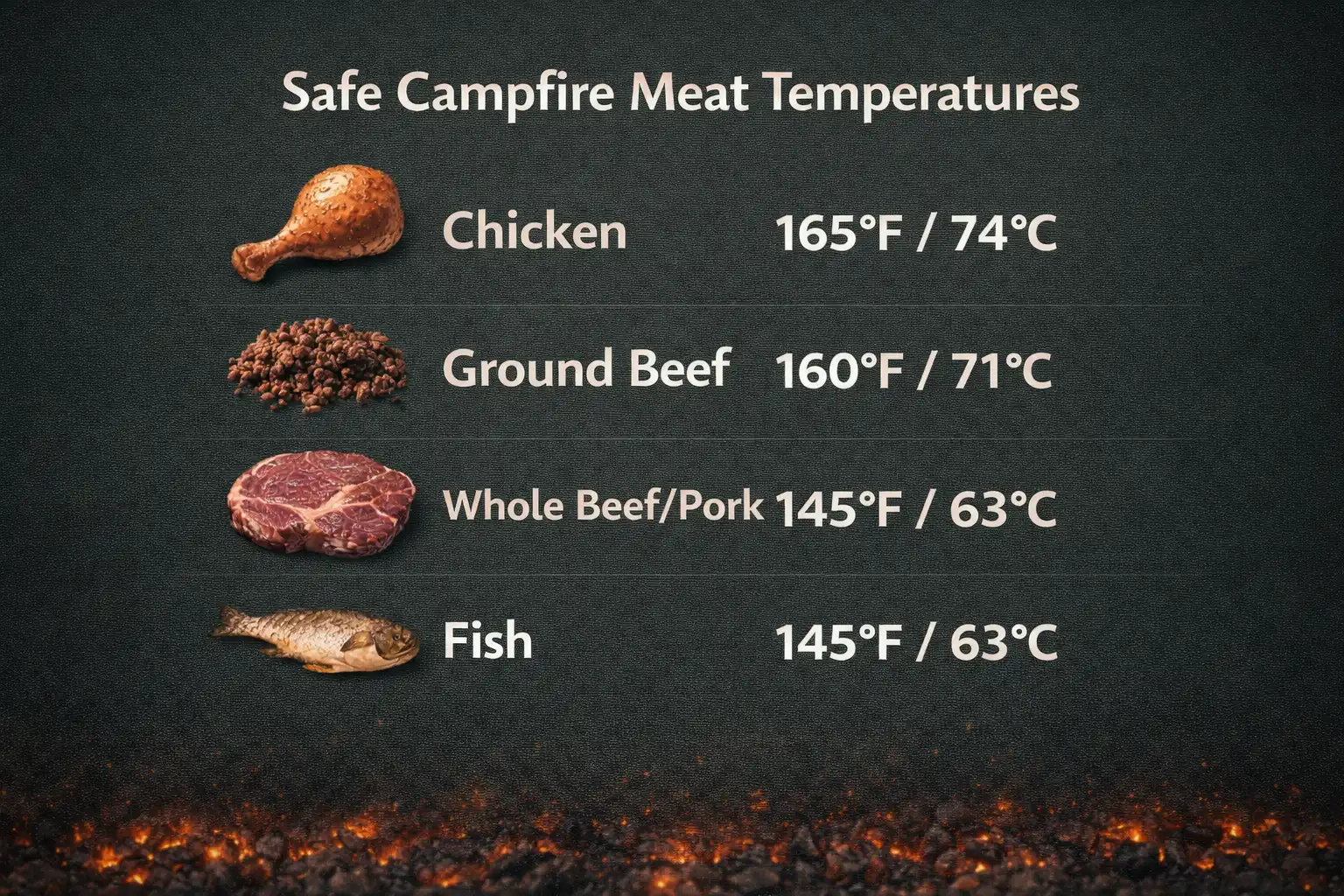 visual guide showing safe cooking temperatures for chicken beef pork and fish