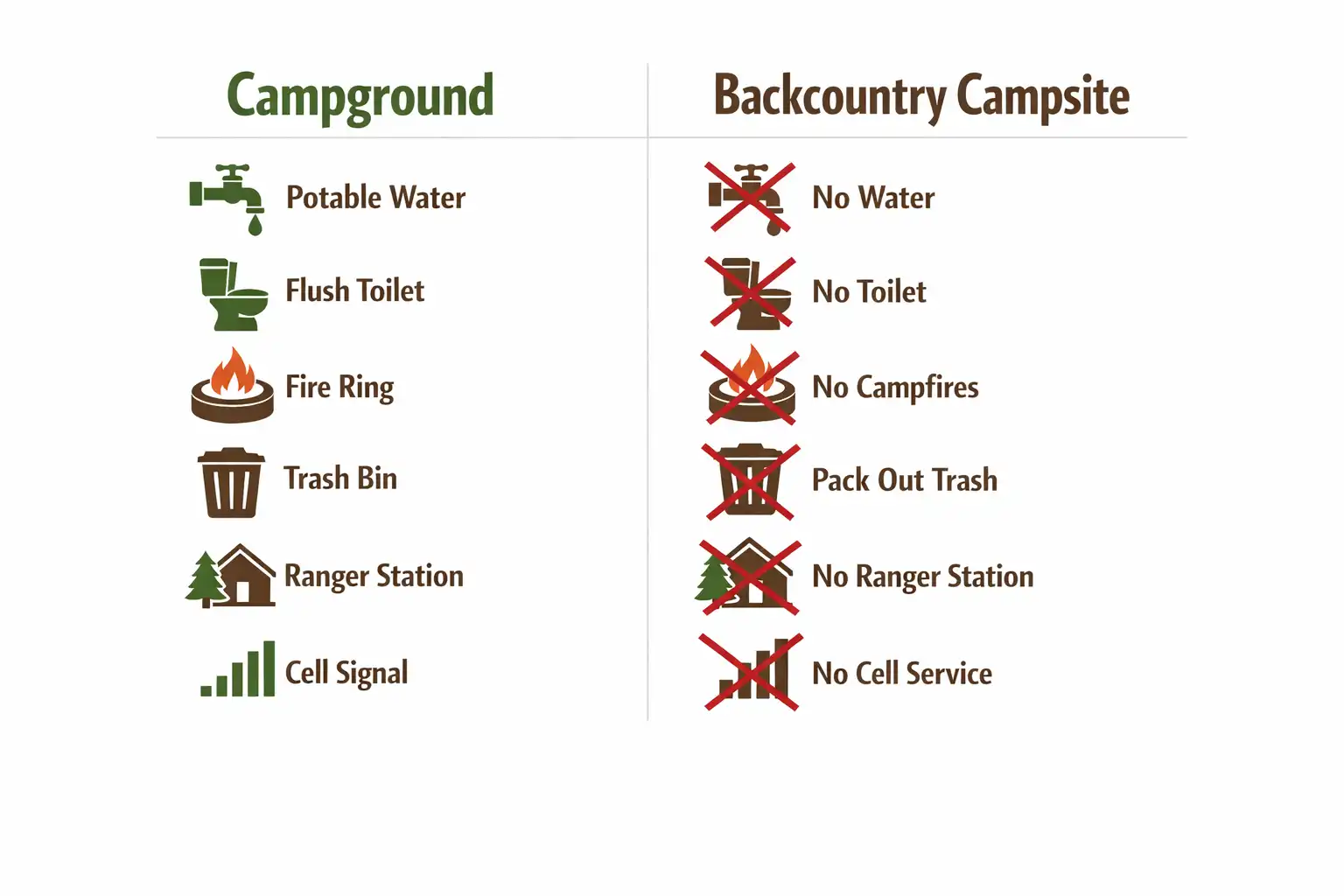 side by side comparison chart showing campground amenities versus backcountry campsite features