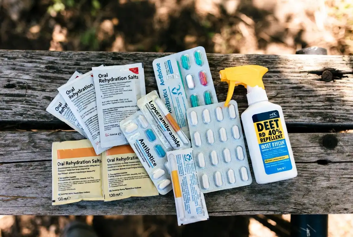 travel medical kit with rehydration salts antibiotics antihistamine and insect repellent