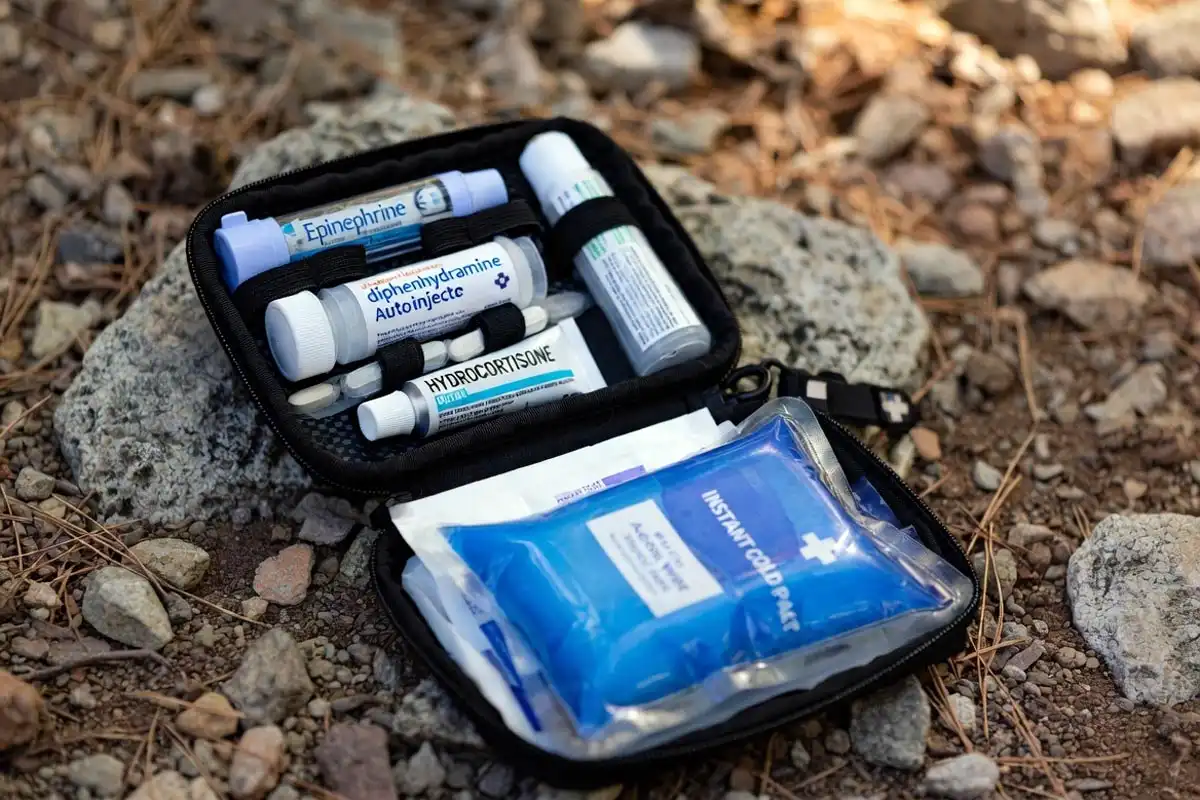 open first aid kit with antihistamine EpiPen cold pack and hydrocortisone cream on campsite ground