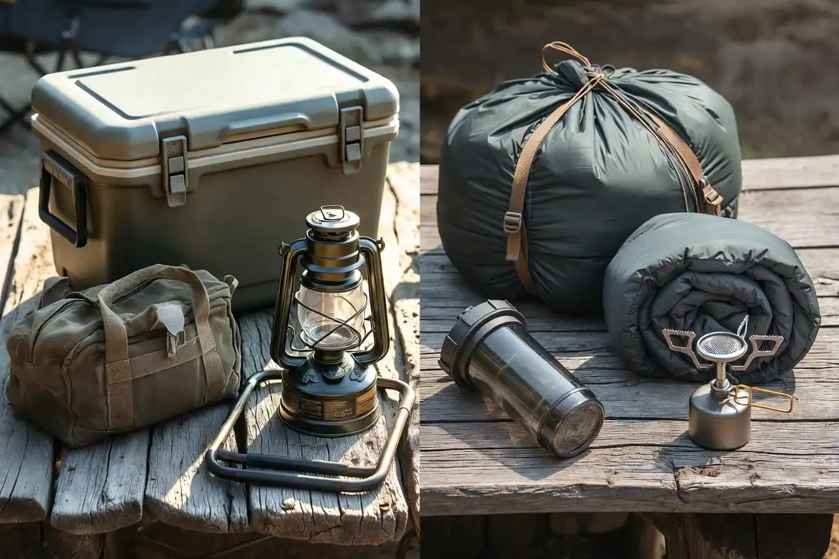 heavy campground gear beside compact backpacking kit laid out on wooden surface