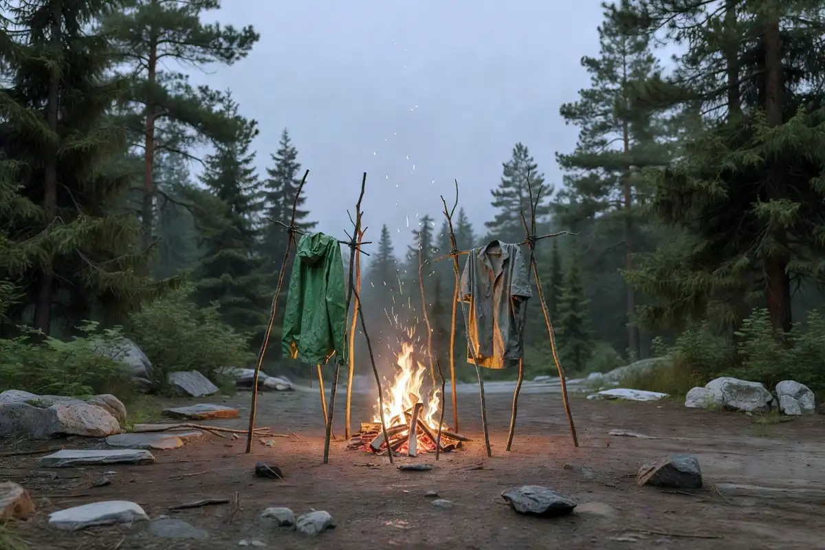 wet rain jacket and camp clothes hung on sticks near a campfire on a cloudy day outdoors