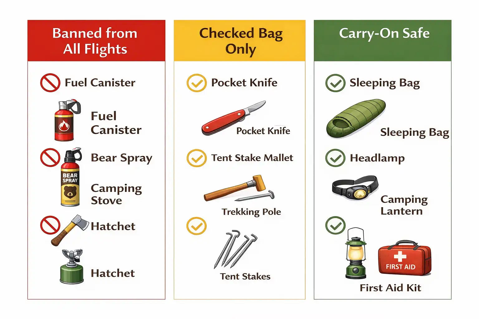 In the infographic: camping gear allowed banned and checked bag rules for flights