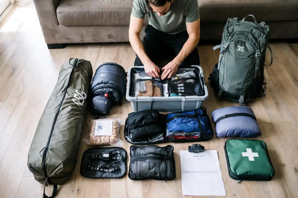 camper packing organized gear bags and checklist before a first camping trip