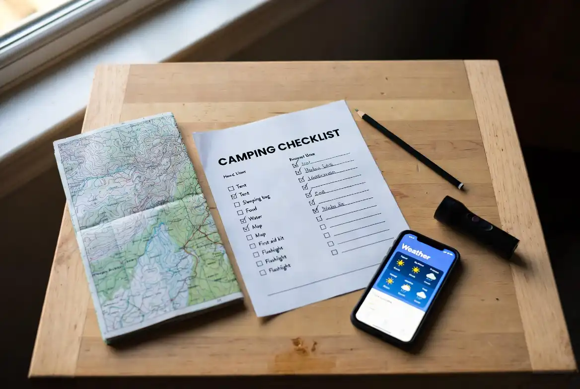 person reviewing camping checklist at a table with gear and a map spread out