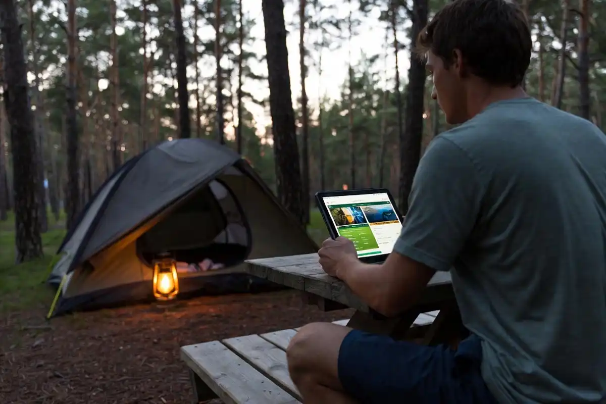 camper booking a campsite on tablet app at forest campground