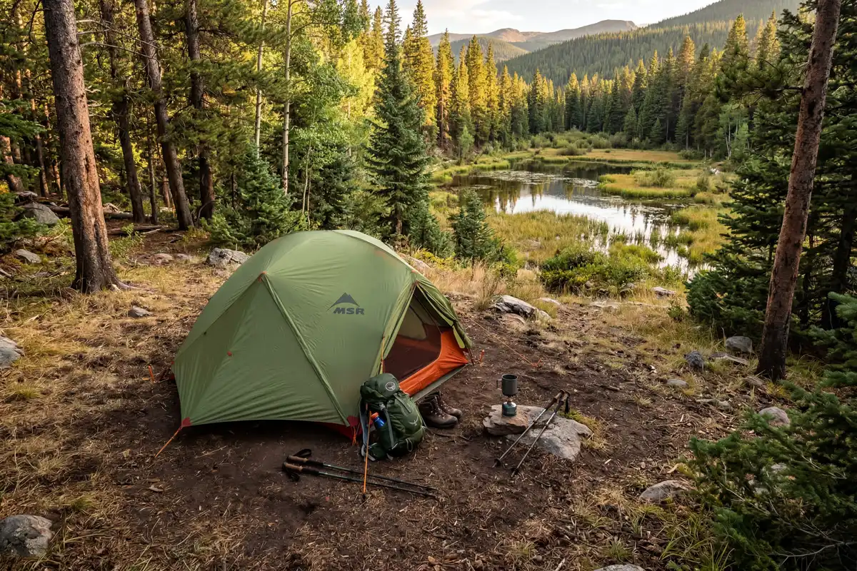 tent pitched on dry elevated ground far from pond at sunset