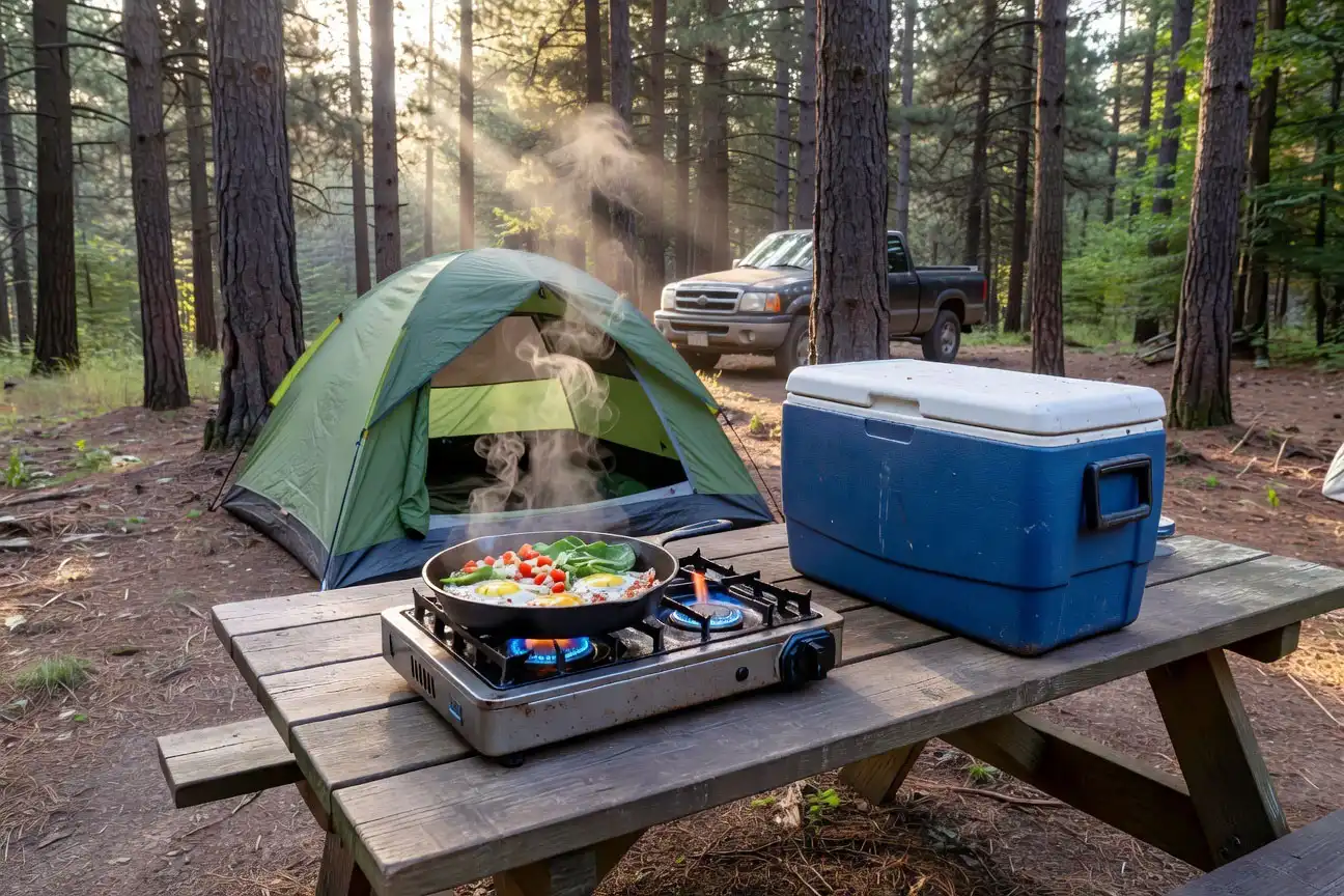 Two burner camp stove cooking breakfast at a Forest campground with cooler and tent
