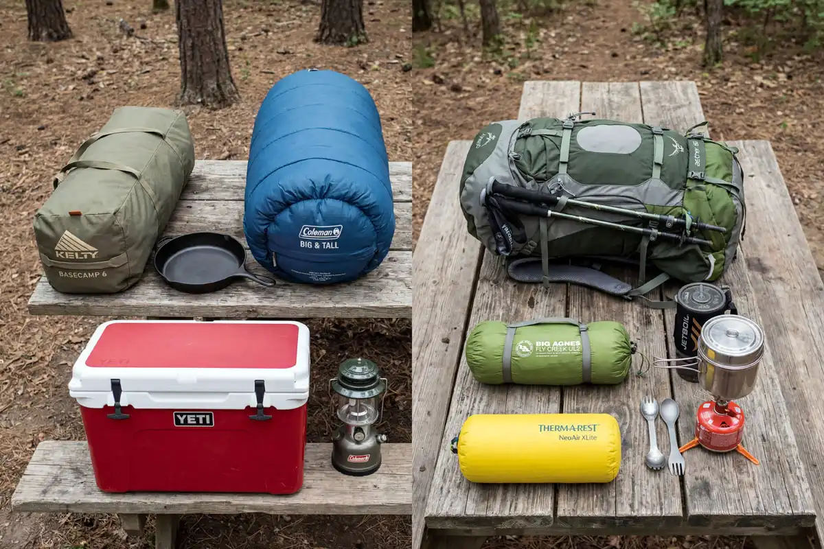 Car camping gear and ultralight backpacking gear laid out side by side on a table
