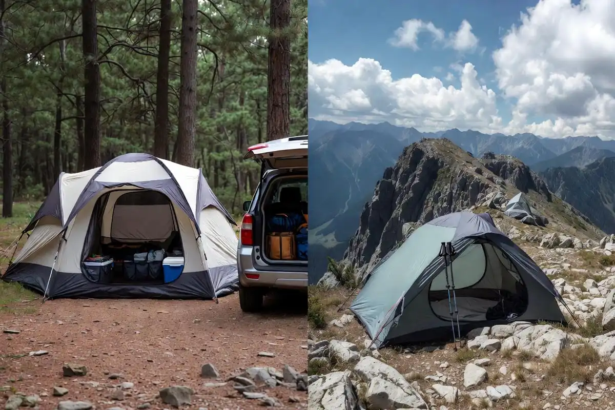 side by side view of a car camping tent setup and a backpacking tent on a ridge