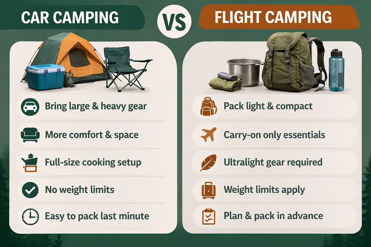 infographic comparing packing rules for driving versus flying to a campsite
