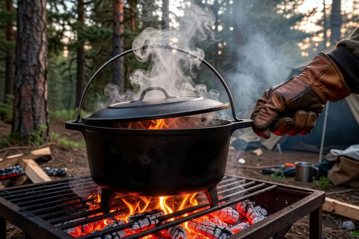 Cast iron dutch oven with lid on a campfire grill grate over glowing embers