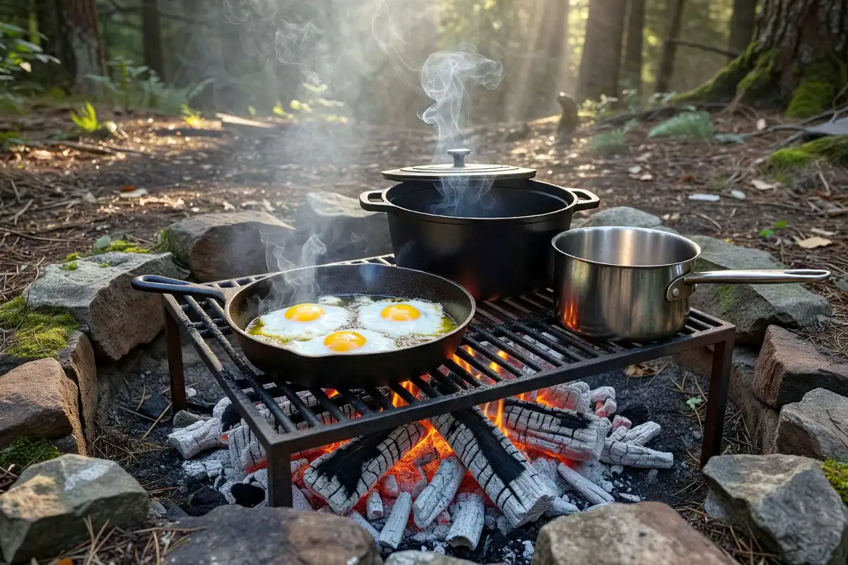 Cast iron skillet dutch oven and cooking pot arranged on hot campfire coals
